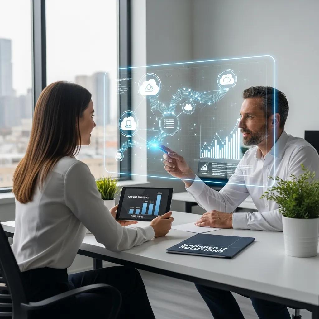 Business owner consulting with IT expert about managed services