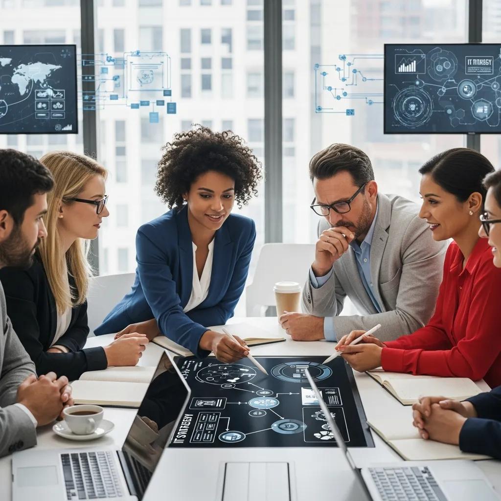 Business professionals collaborating on IT strategy in a modern office setting