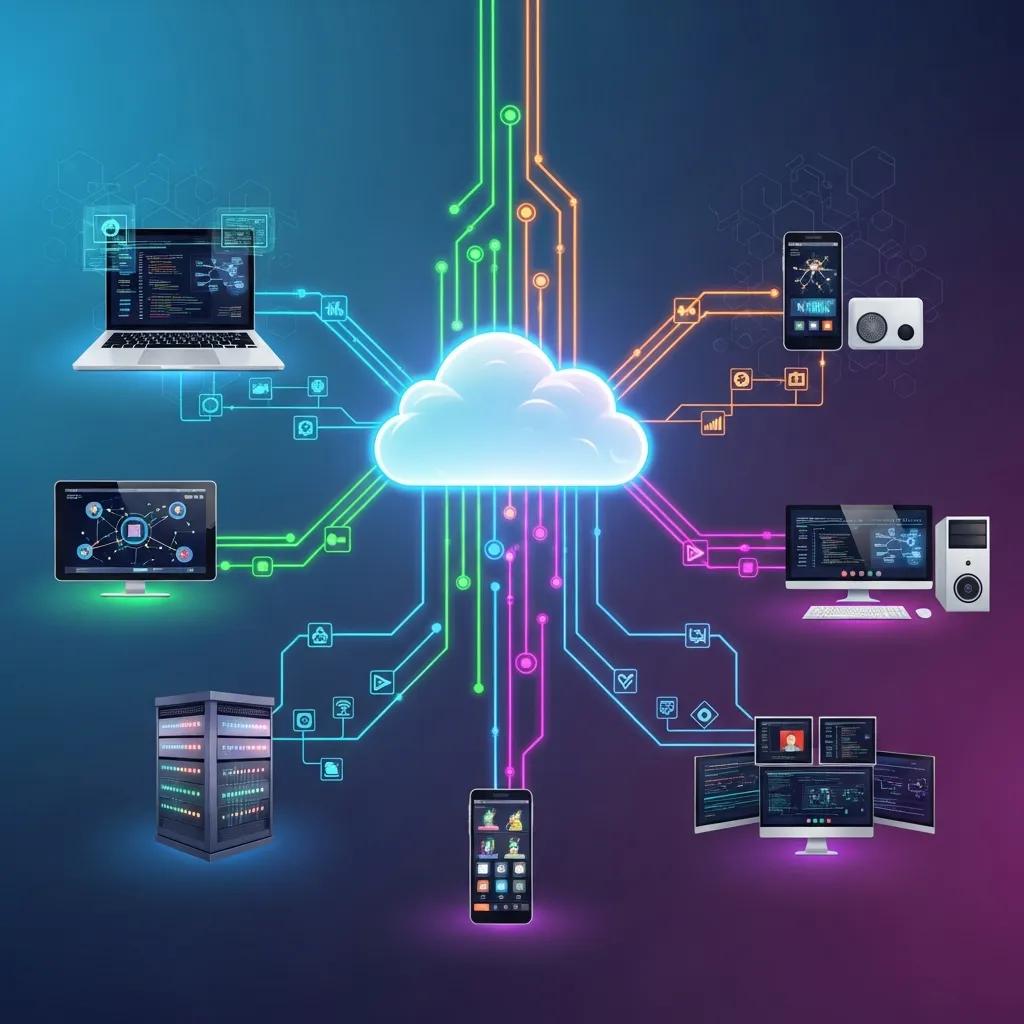 Cloud computing concept illustrating integration of various IT services and devices