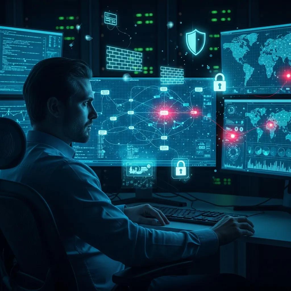 Cybersecurity expert analyzing data in a high-tech environment
