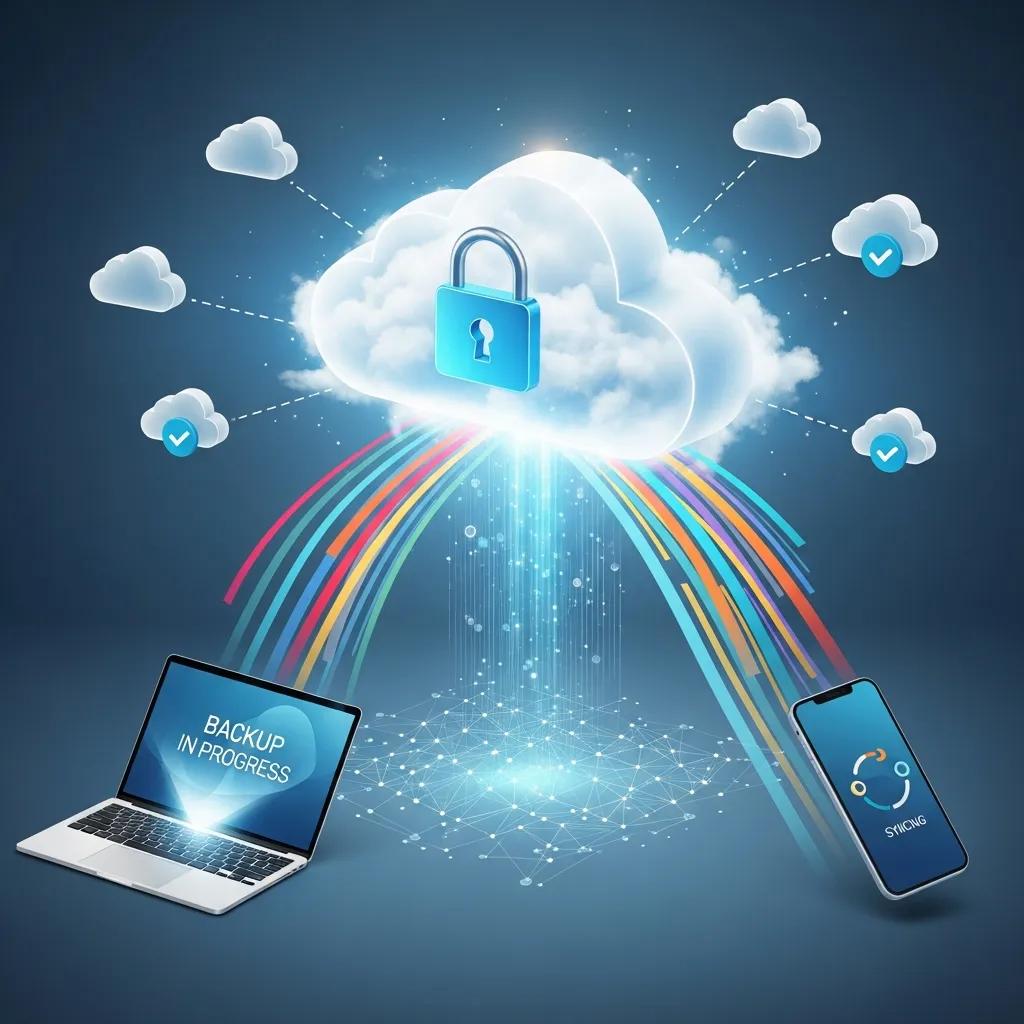 Illustration of cloud backup solutions with devices backing up data to a secure cloud