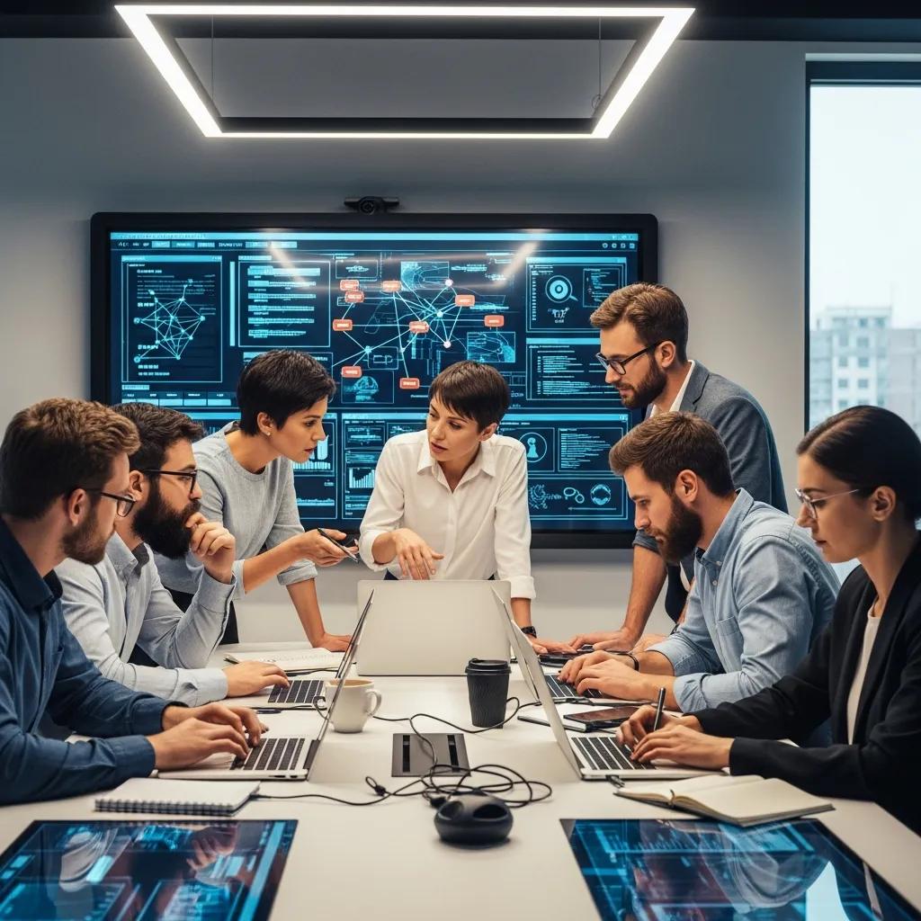 Incident response team strategizing in a conference room, focusing on cybersecurity threat mitigation