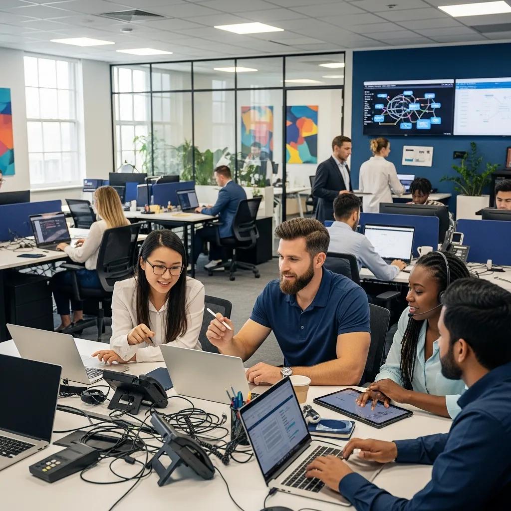 IT support team collaborating in a modern office setting