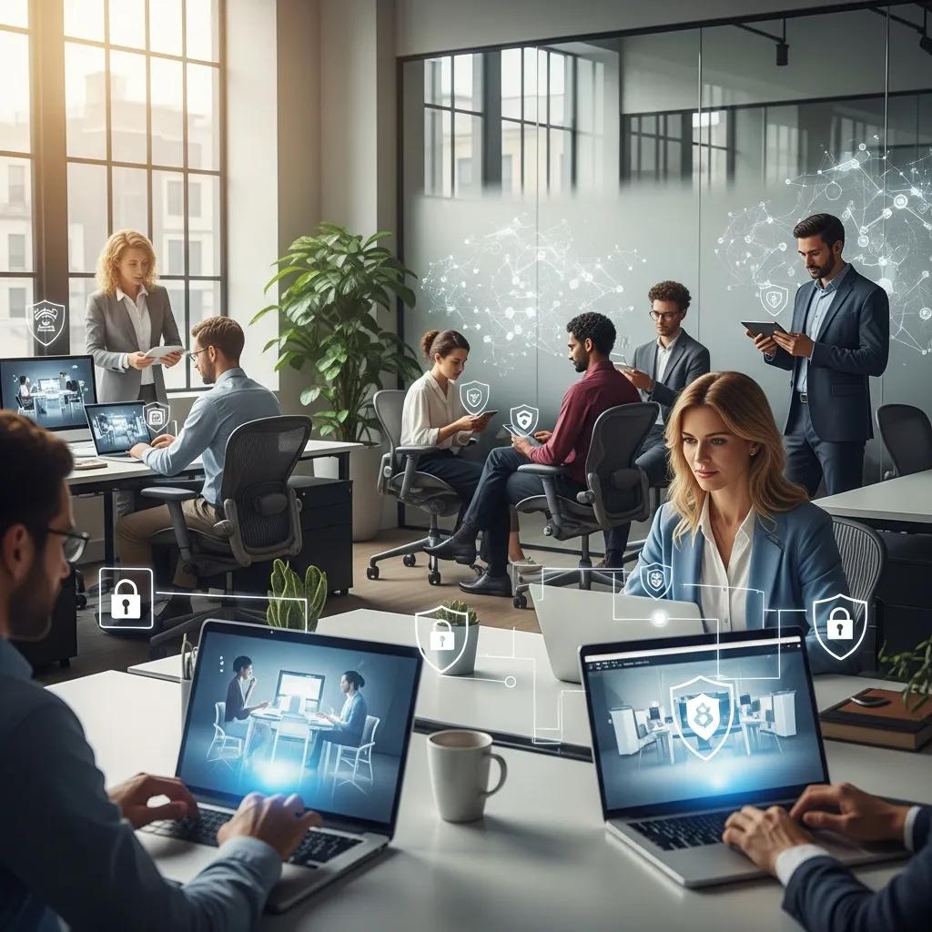 Modern office with employees using secure corporate devices, emphasizing endpoint protection and mobile device management