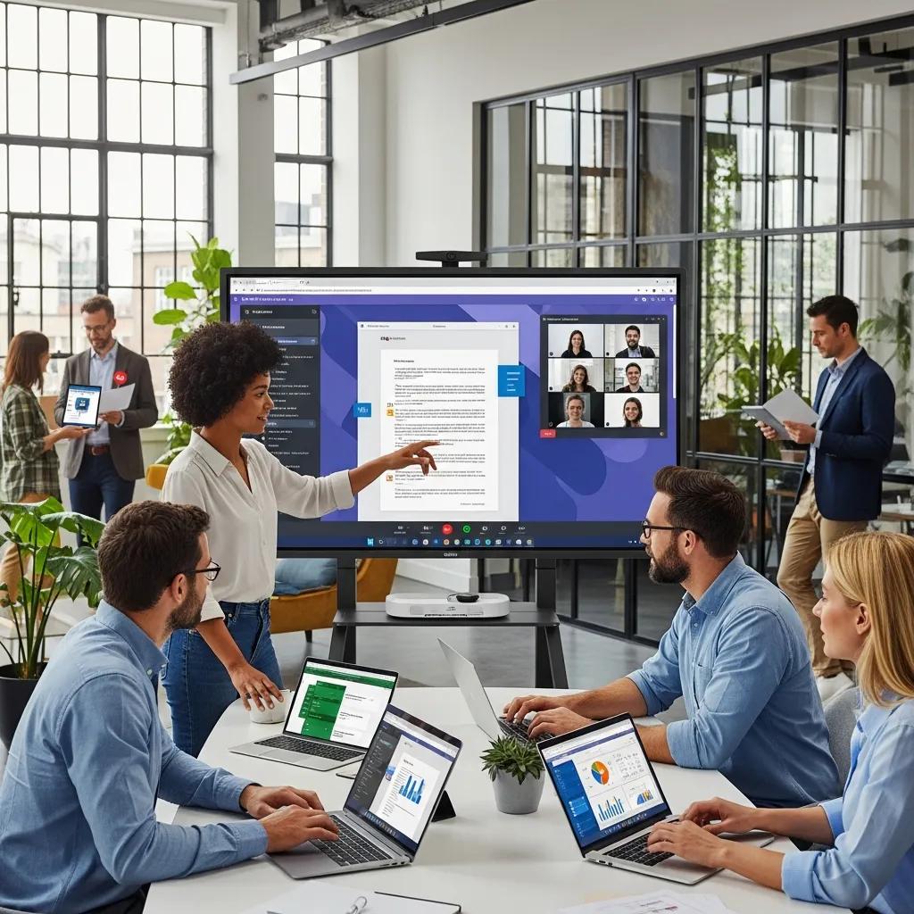 Professionals collaborating in a modern office using Microsoft 365 tools