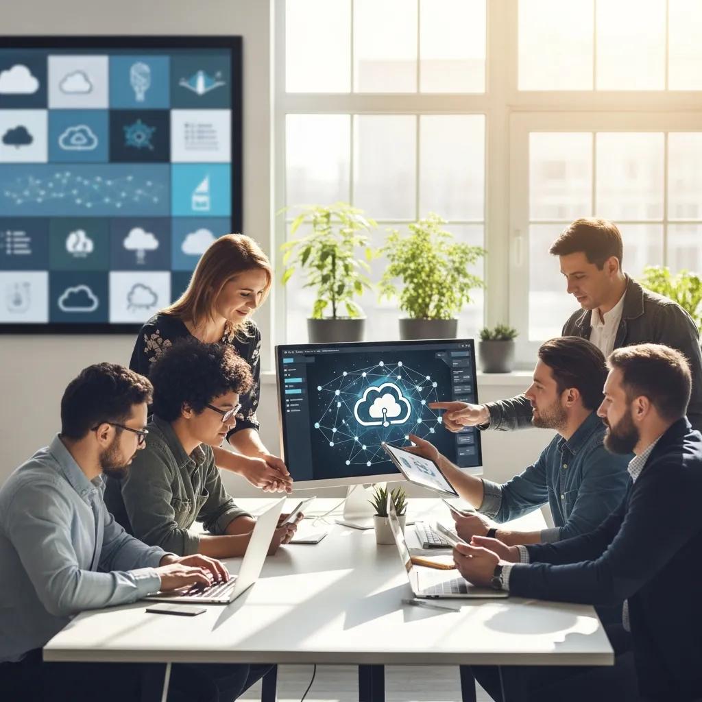 Small business team utilizing cloud IT solutions in a collaborative workspace