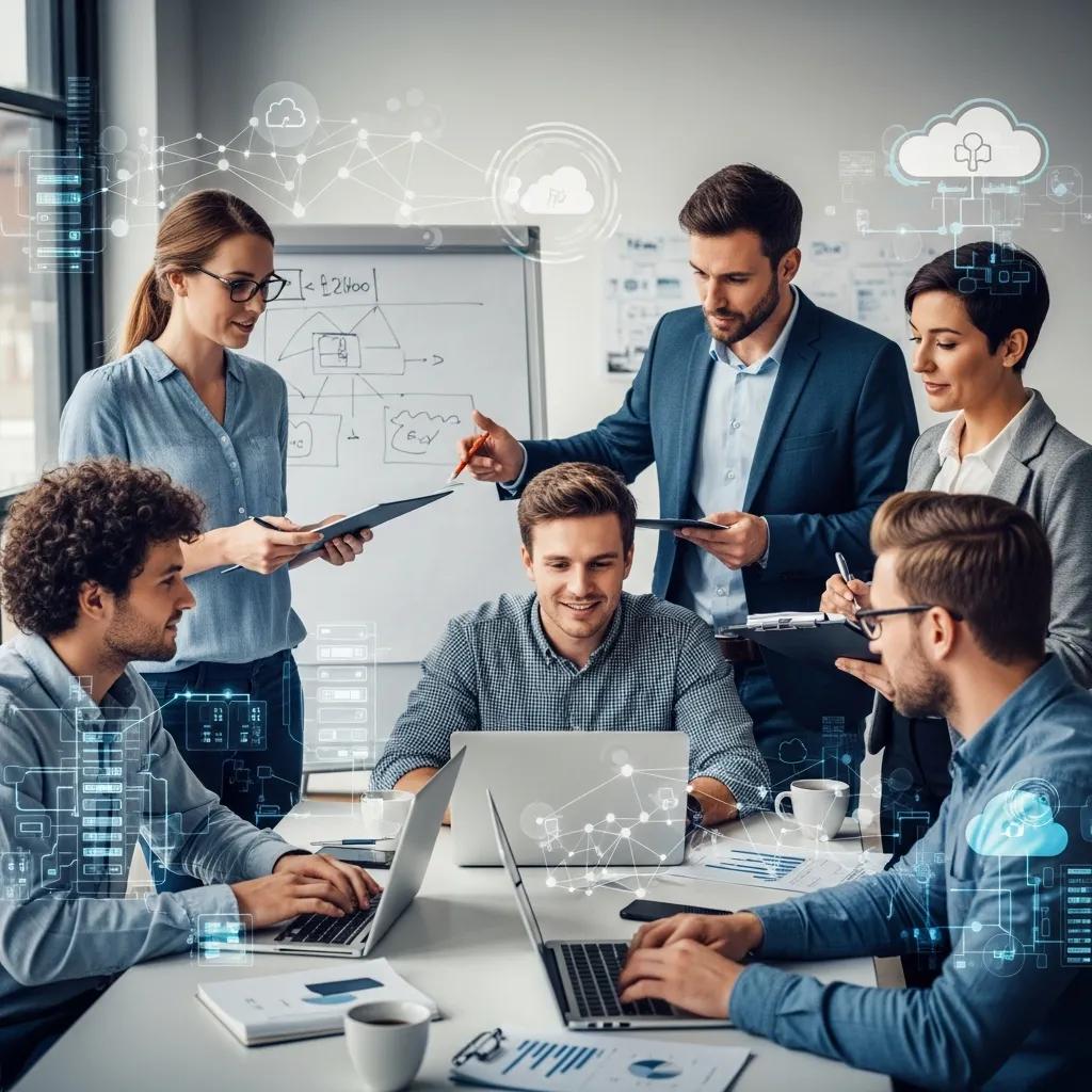 Team collaboration on managed IT services in a modern office setting