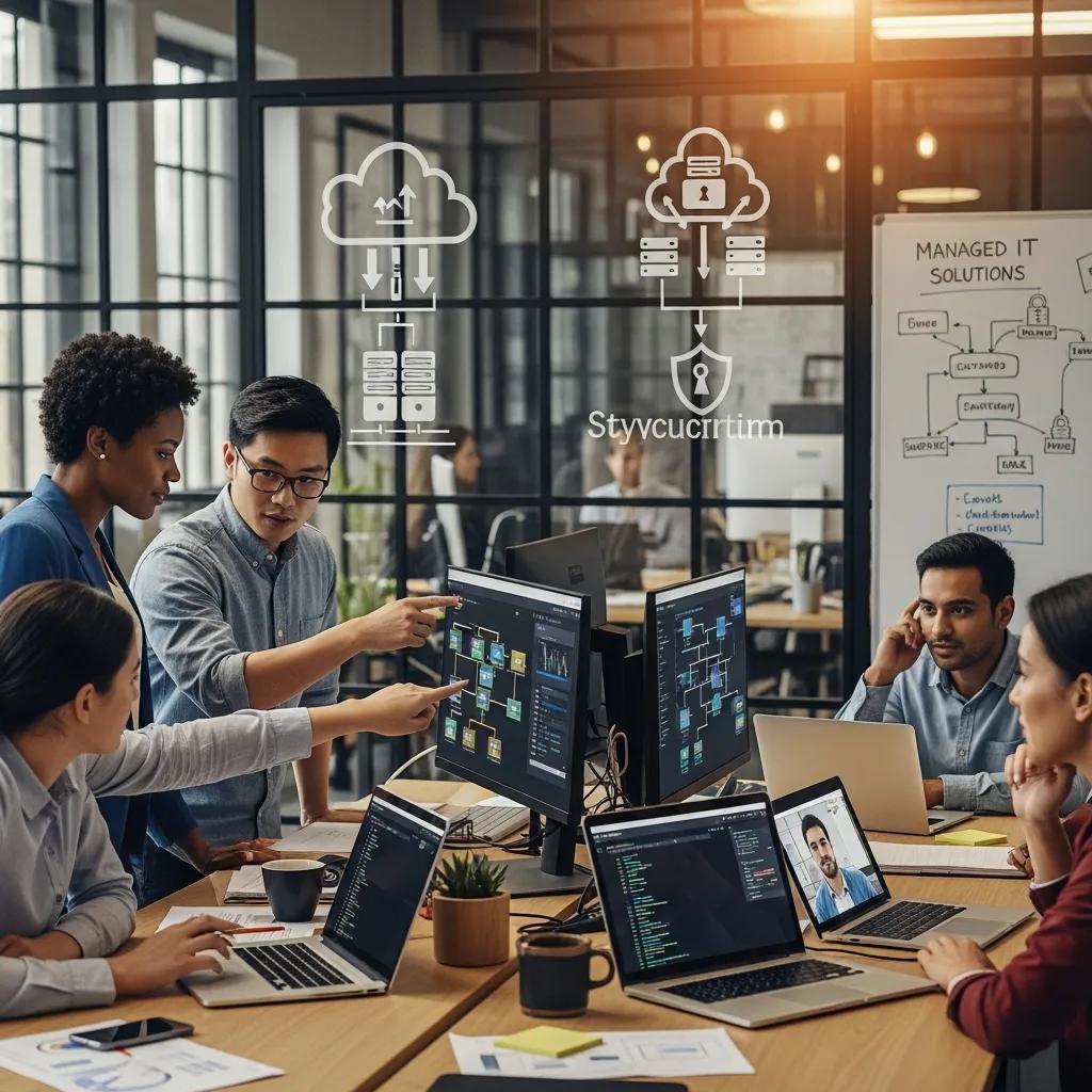 Team of IT professionals collaborating on managed IT services in a modern office