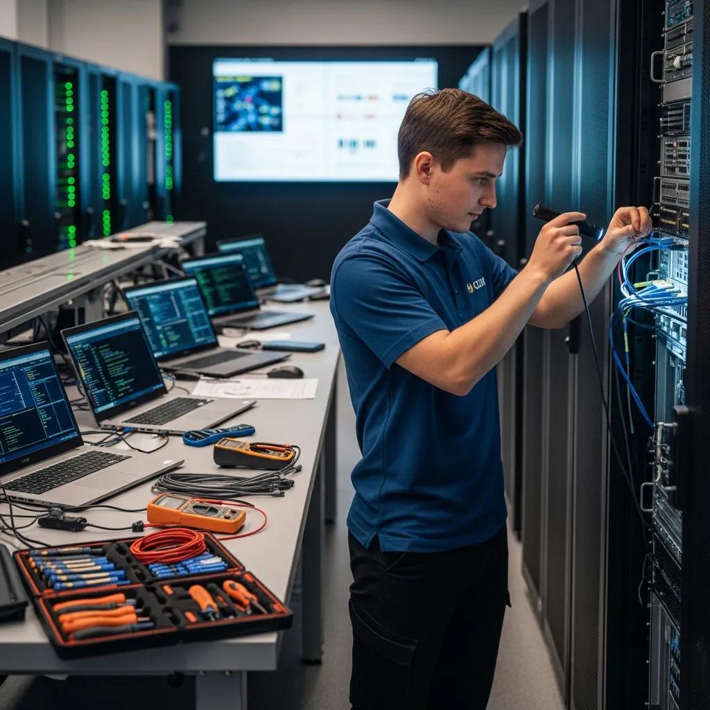 Technician maintaining IT devices in a tech lab for optimal performance