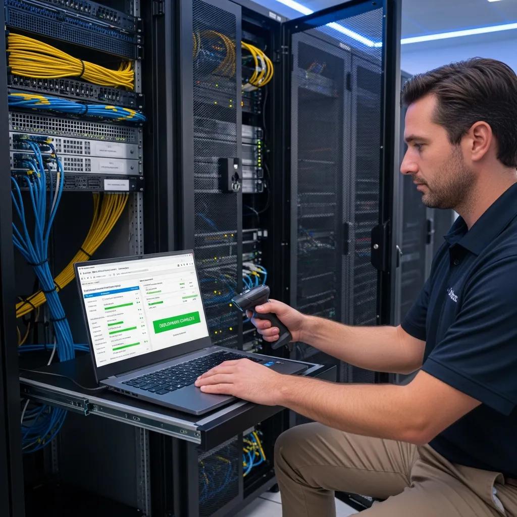 Technician performing automated patch deployment in a server room