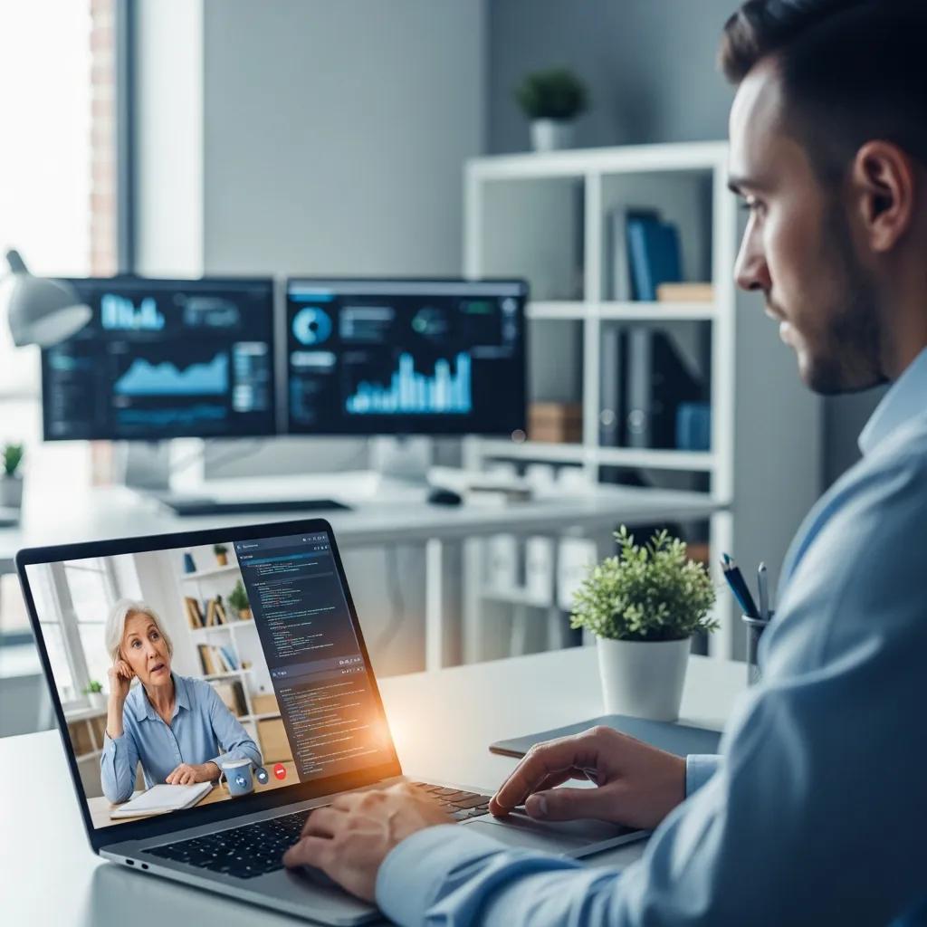 Technician providing remote IT support through a laptop